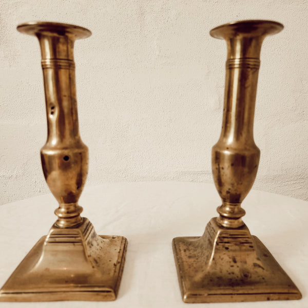 Pair of Antique Brass Square Based Candlesticks