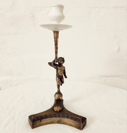 Antique Bronze Cherub Candlestick with Porcelain Candle Cup
