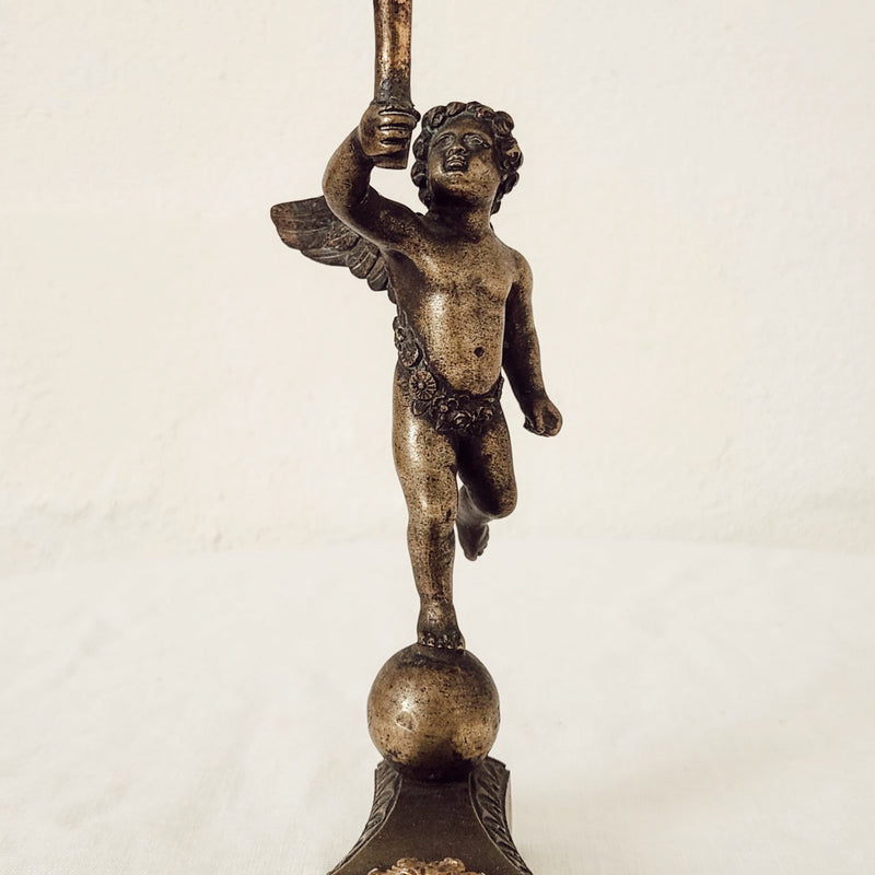 Antique Bronze Cherub Candlestick with Porcelain Candle Cup