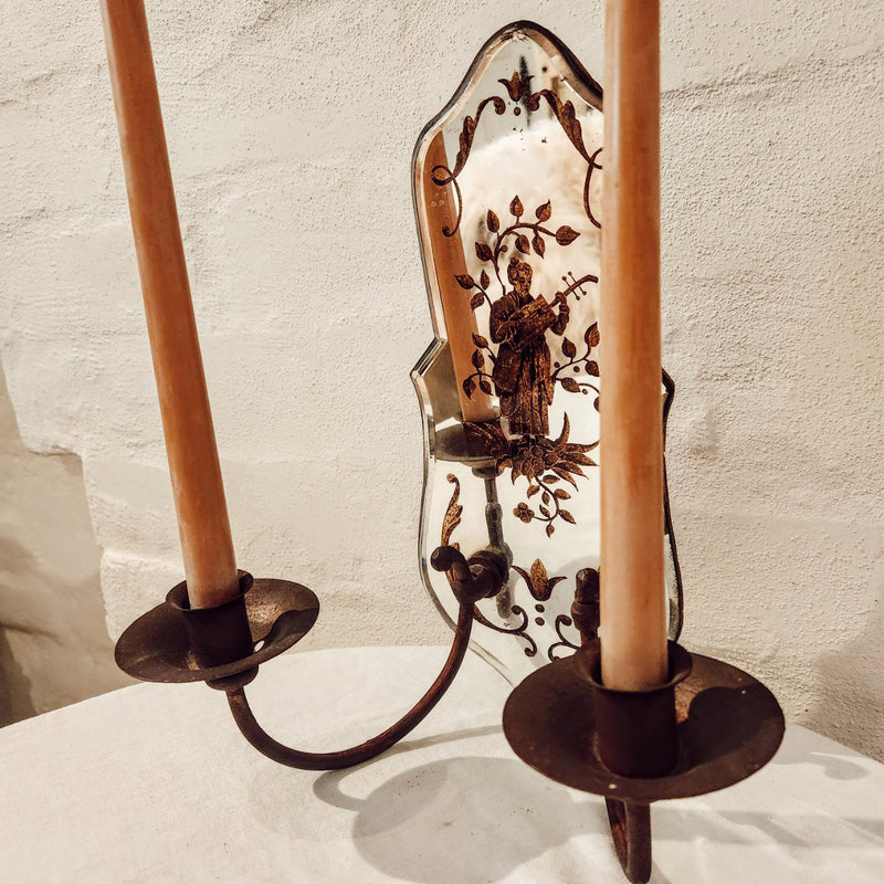 French Antique Wall Sconce with Etched Mirror, Bronzed Candle Cups