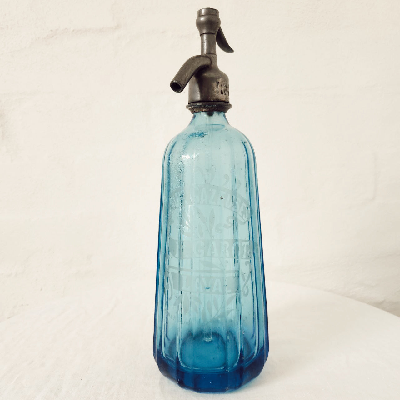 Vintage French Blue Soda Siphons marked GAROT