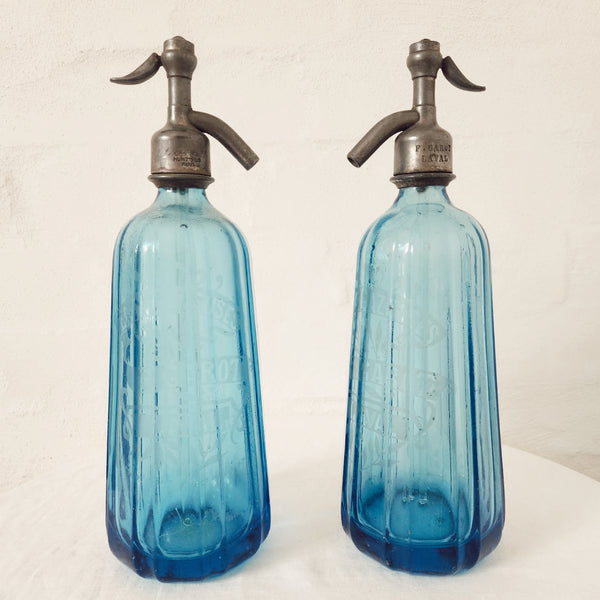 Vintage French Blue Soda Siphons marked GAROT
