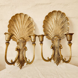 Pair of Brass Mid Century Clamshell Candlestick Wall Sconces