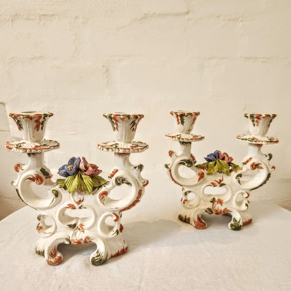Vintage Italian Capodimonte Style Ceramic Candelabra Pair