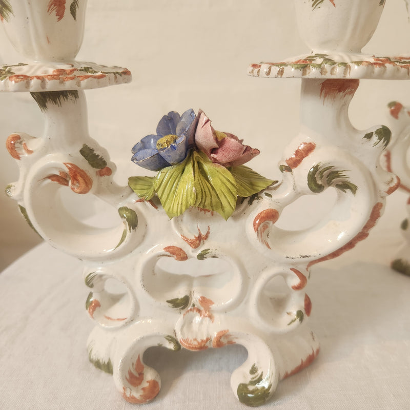Vintage Italian Capodimonte Style Ceramic Candelabra Pair