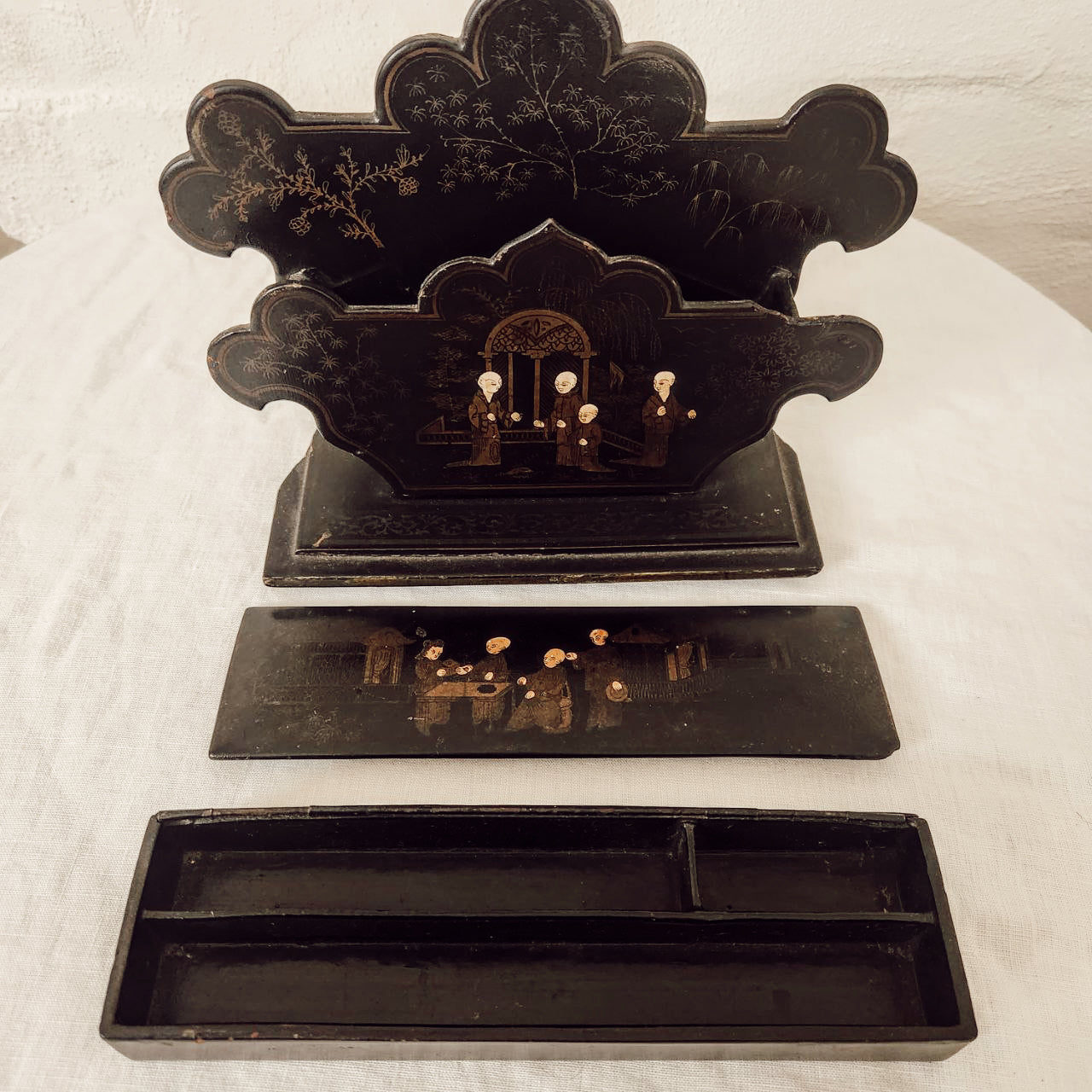 Antique Chinoiserie Letter Holder & Pen Box