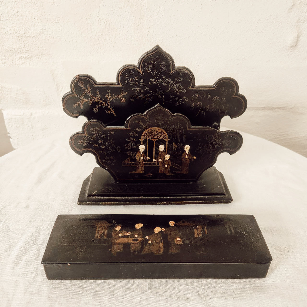 Antique Chinoiserie Letter Holder & Pen Box