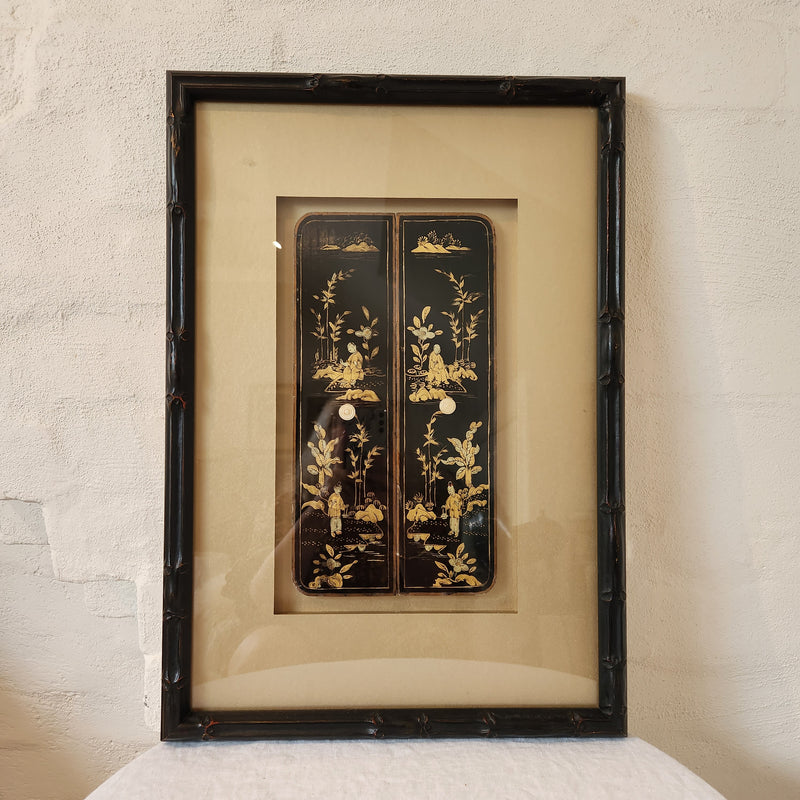 Antique Chinoiserie Panels within Black Bamboo Frame