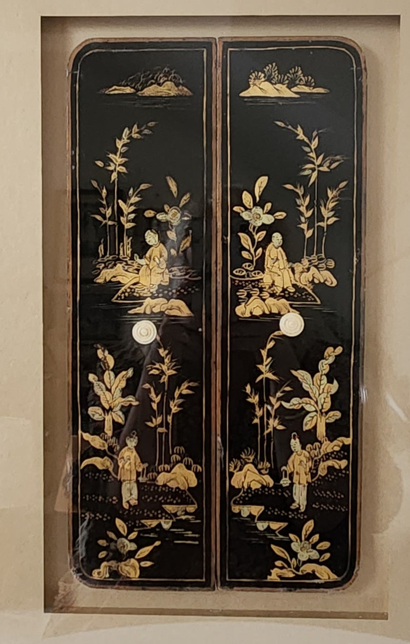 Antique Chinoiserie Panels within Black Bamboo Frame