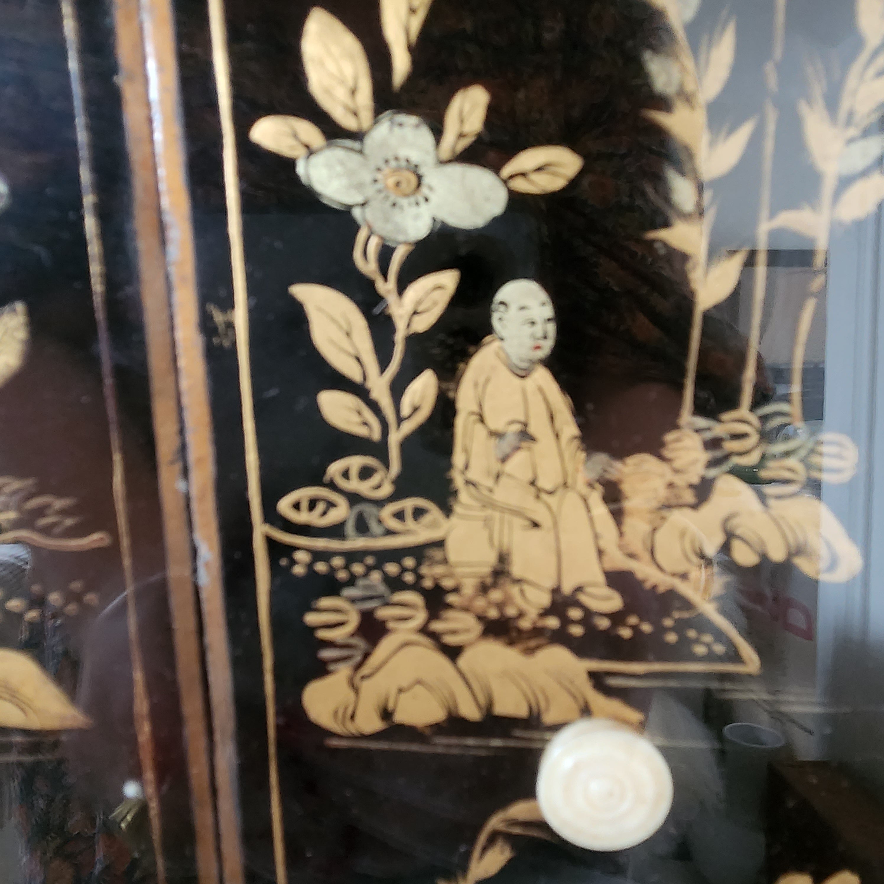 Antique Chinoiserie Panels within Black Bamboo Frame