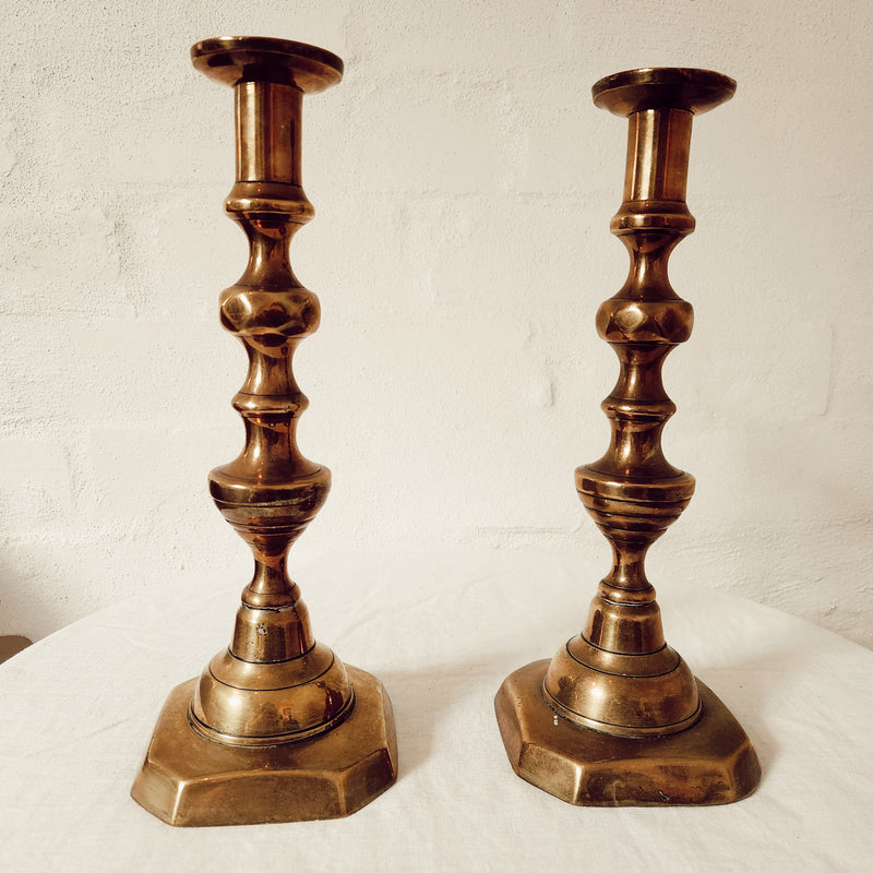Pair of Elegant Antique Brass Candlesticks