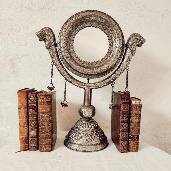 Vintage South Asian Embossed Metal Table Mirror