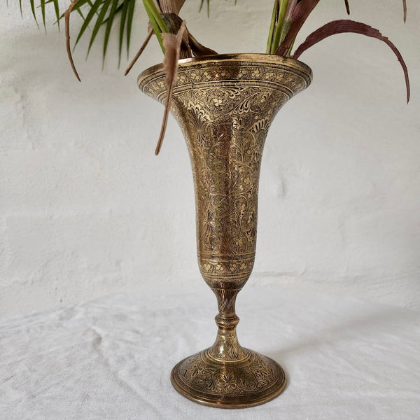 Intricately Etched Indian Brass Bud Vase