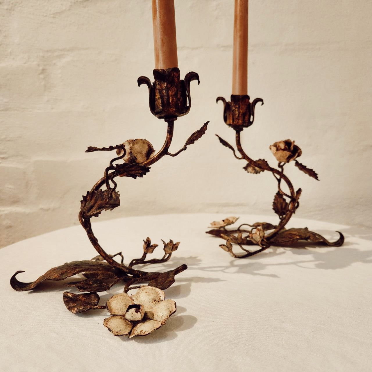 Pair of Vintage Floral Form Metal Candlesticks