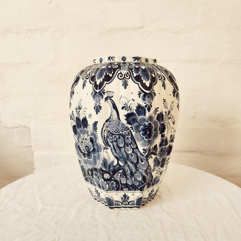 Delft Peacock and Flowers Vase Blue & White