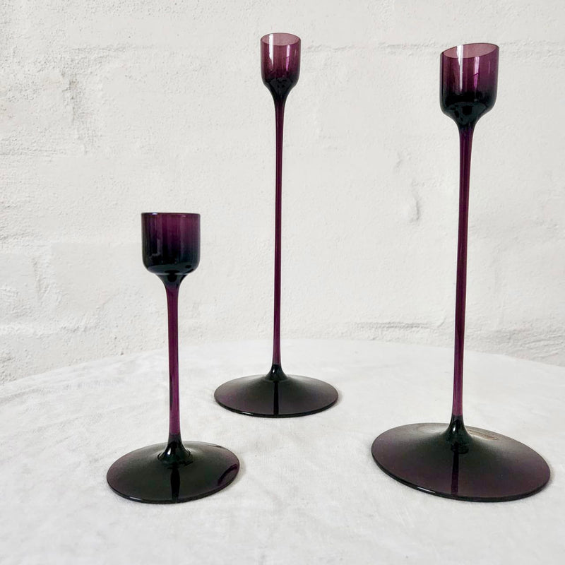 Set of Amethyst Glass Candlesticks