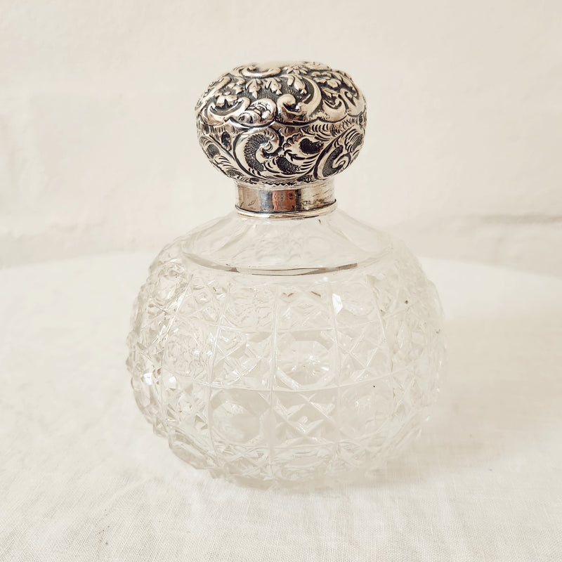 Beautifully Faceted Vintage Cut-Glass Perfume Bottle with silver plated stopper