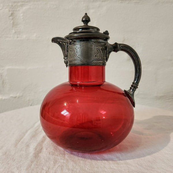 Antique Cranberry Glass Jug with Pewter