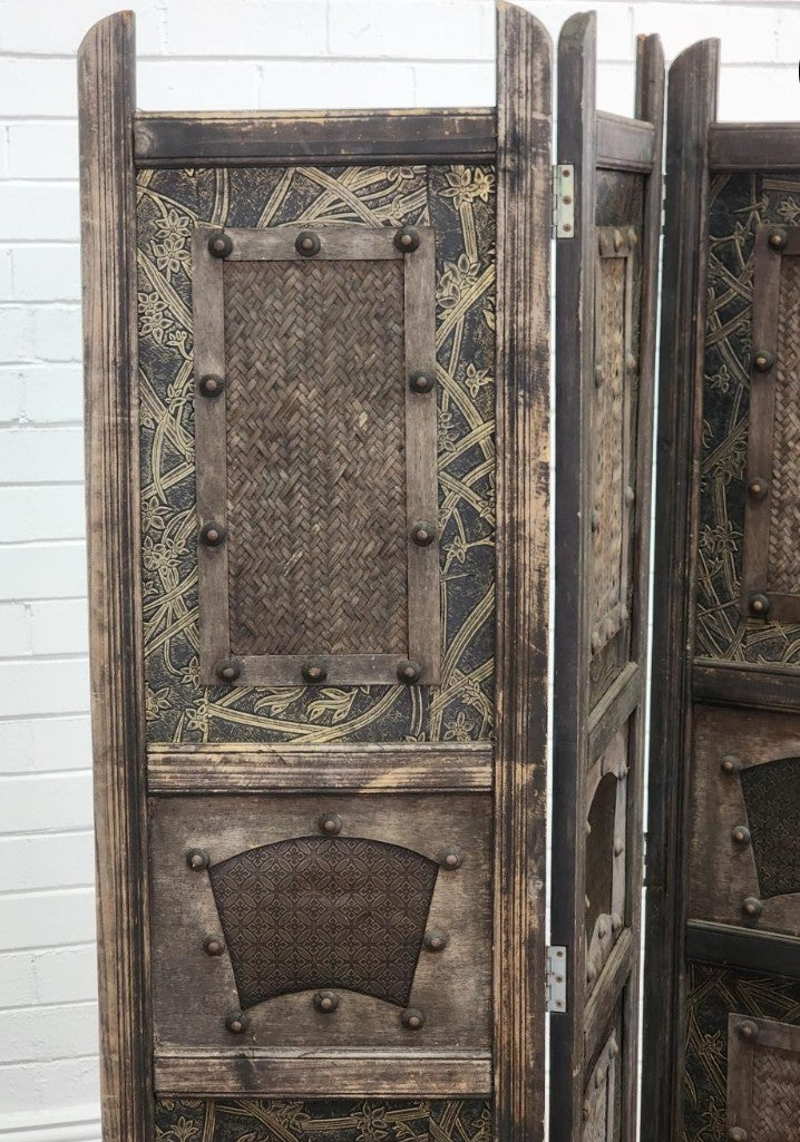 Oriental Style Timber and Caned Four Panel Screen