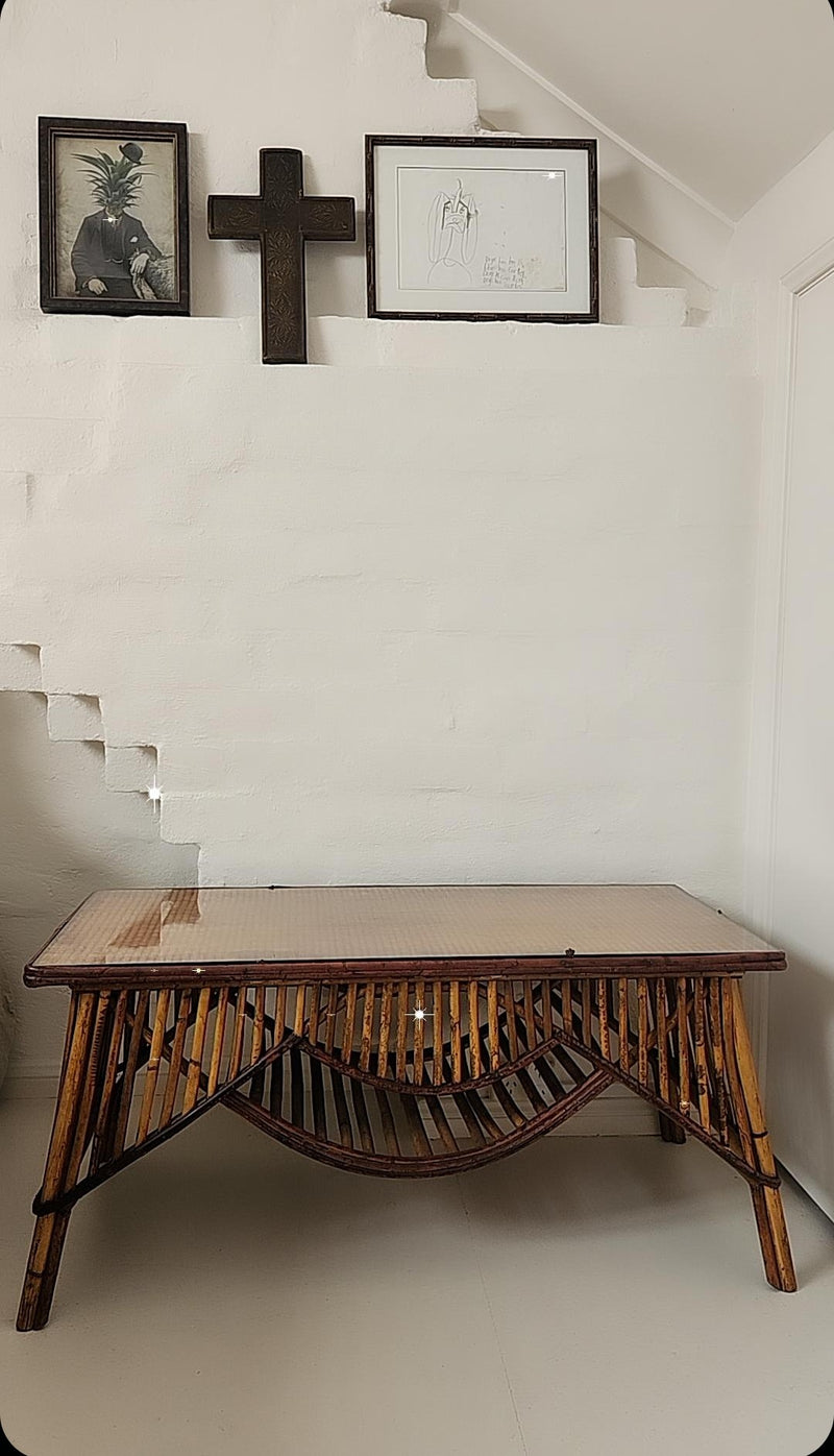 Gorgeous Vintage Tiger Cane Coffee Table with Glass Top