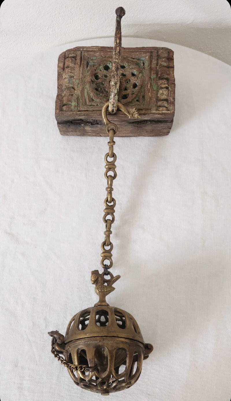 Indian Brass Incense Holder with Bird and Wooden bracket