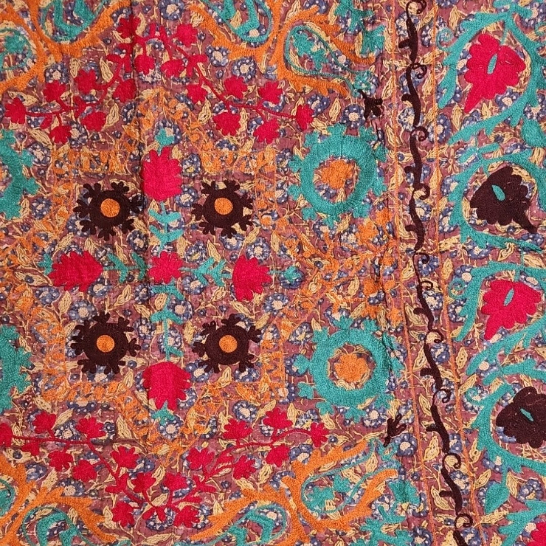 Suzani Vintage Kantha Throw - Aqua, Orange, Grape #1