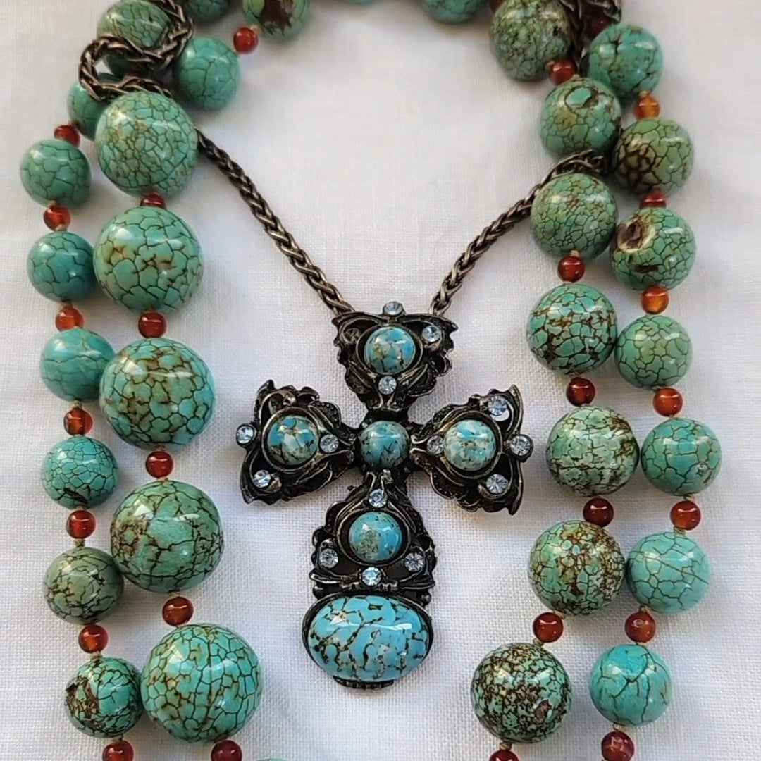 Vintage Silver Turquoise Cross Chain Necklace