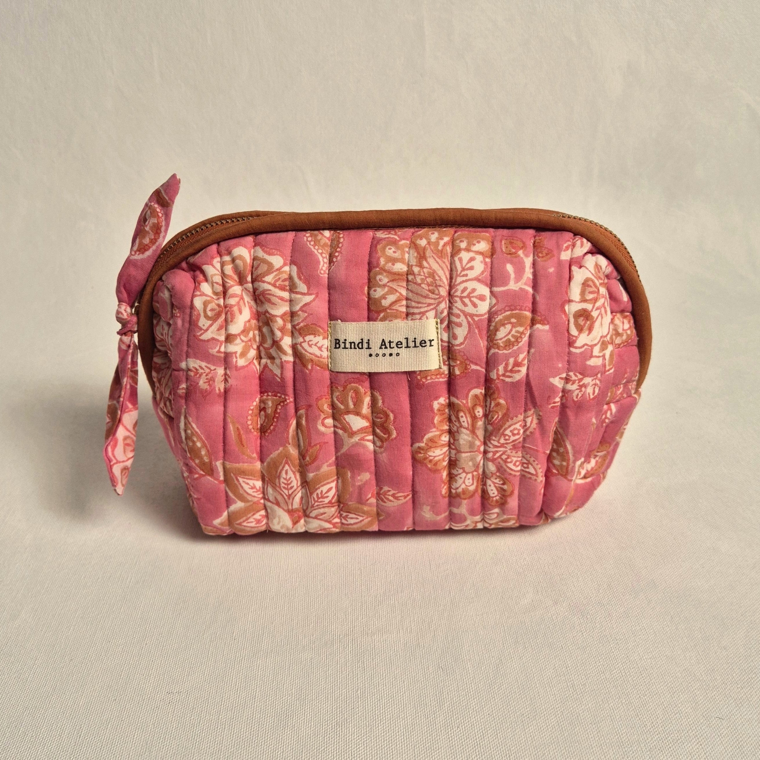 Pink floral block printed French makeup bag