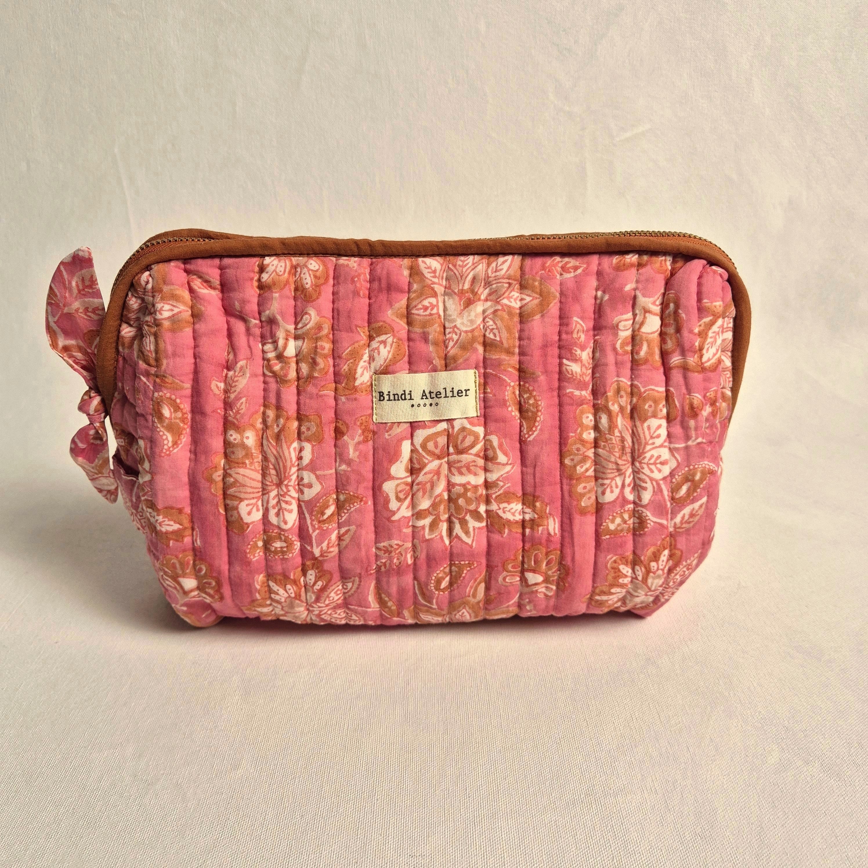 Pink floral block printed French toiletry bag