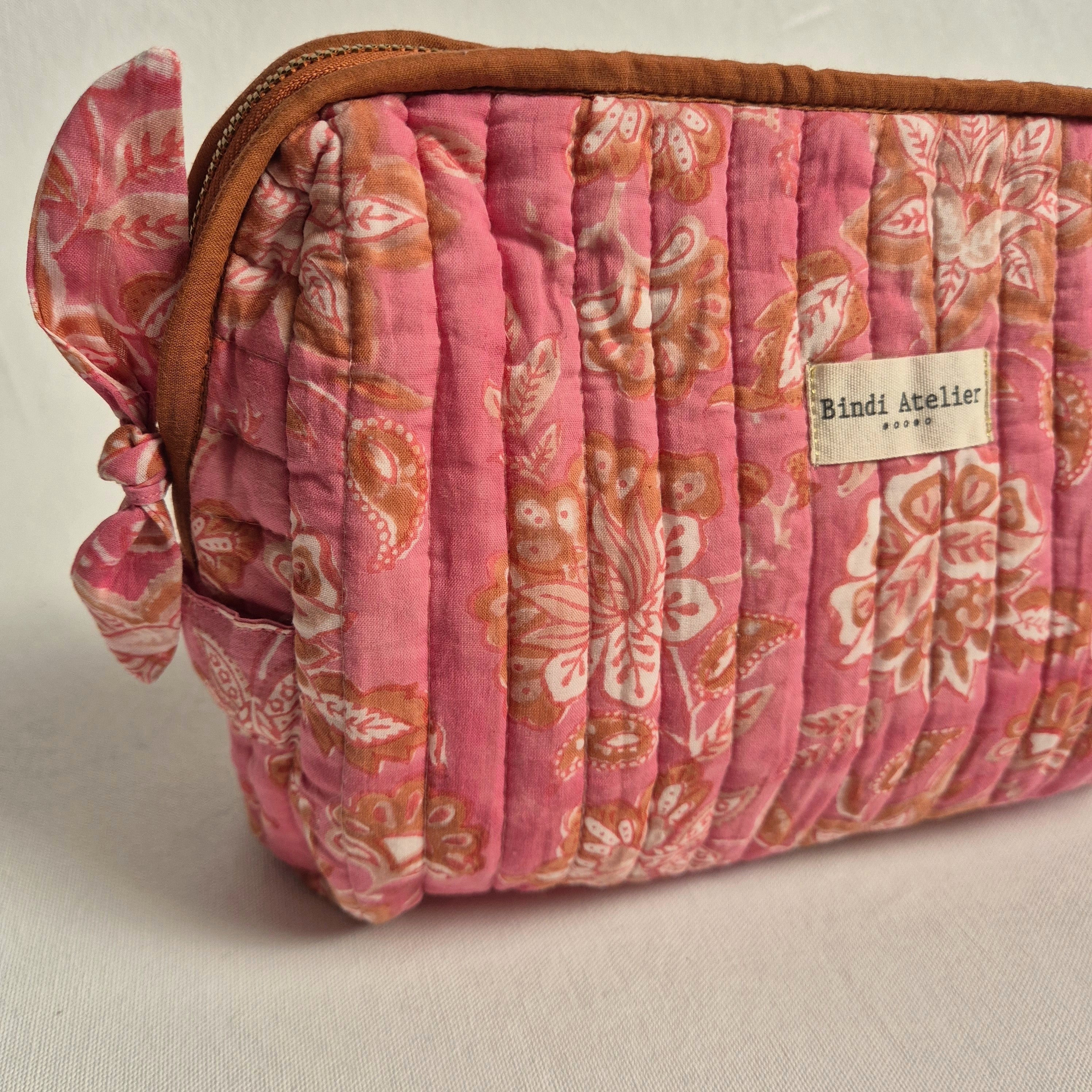 Pink floral block printed French toiletry bag