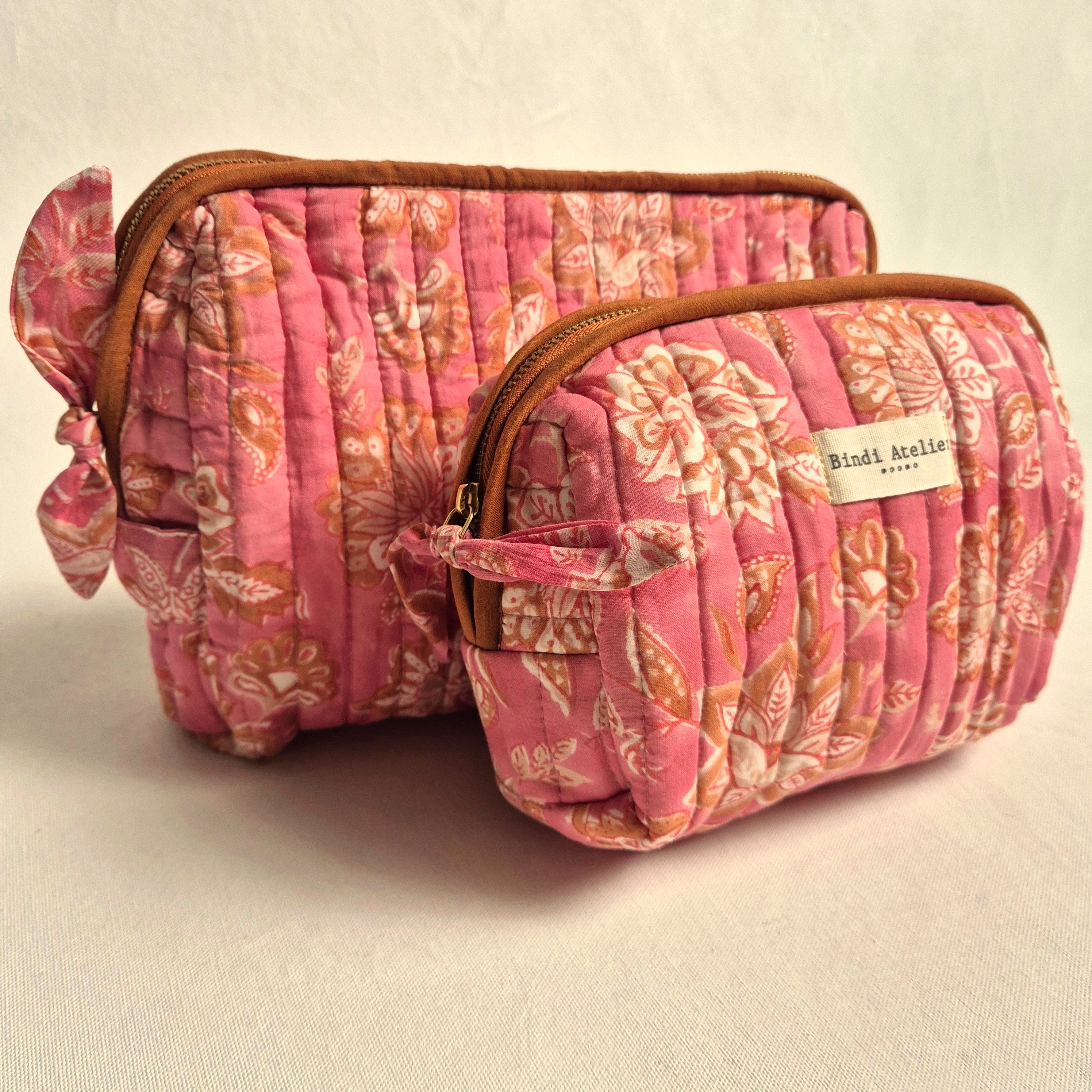 Pink floral block printed French toiletry bag