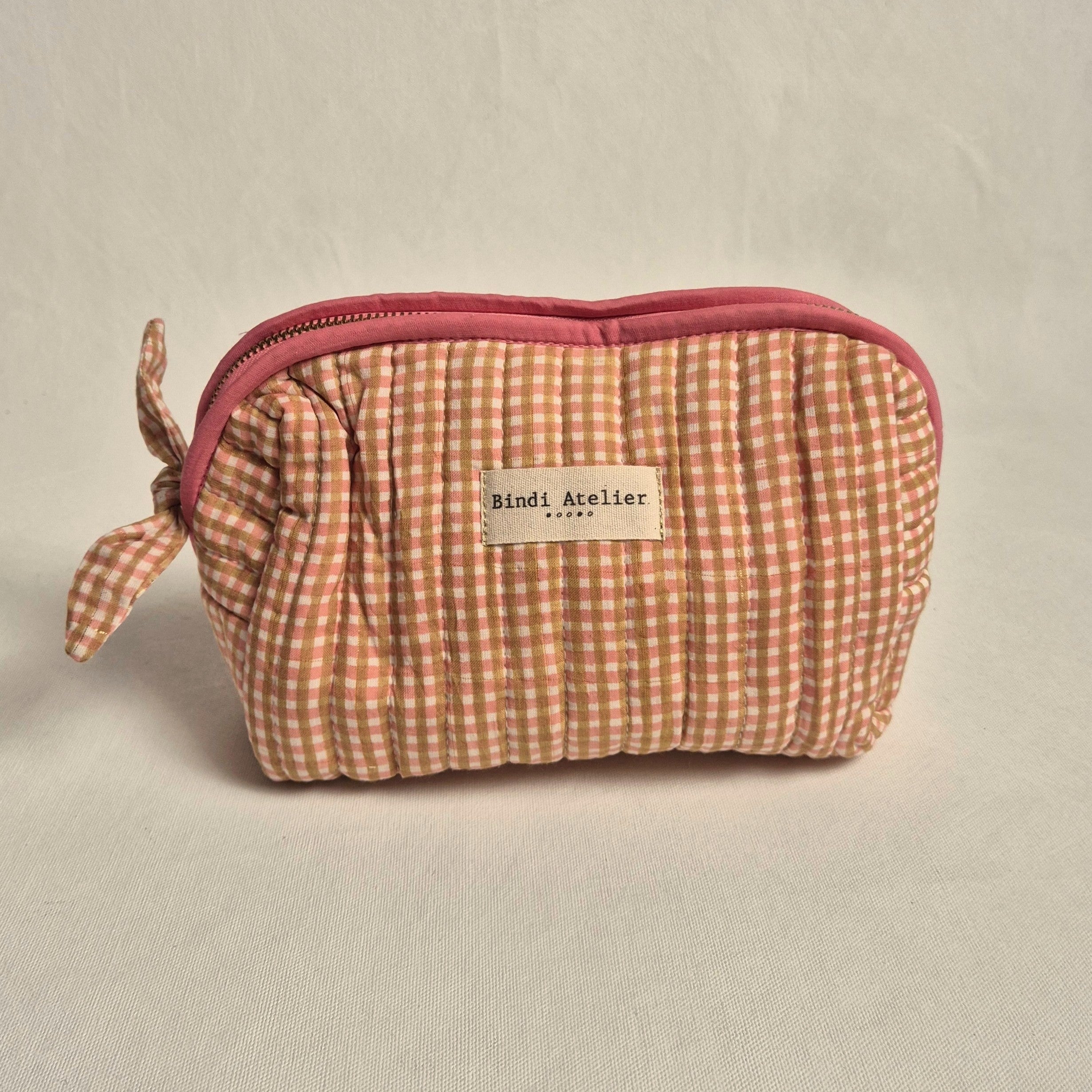 Caramel French gingham print makeup bag