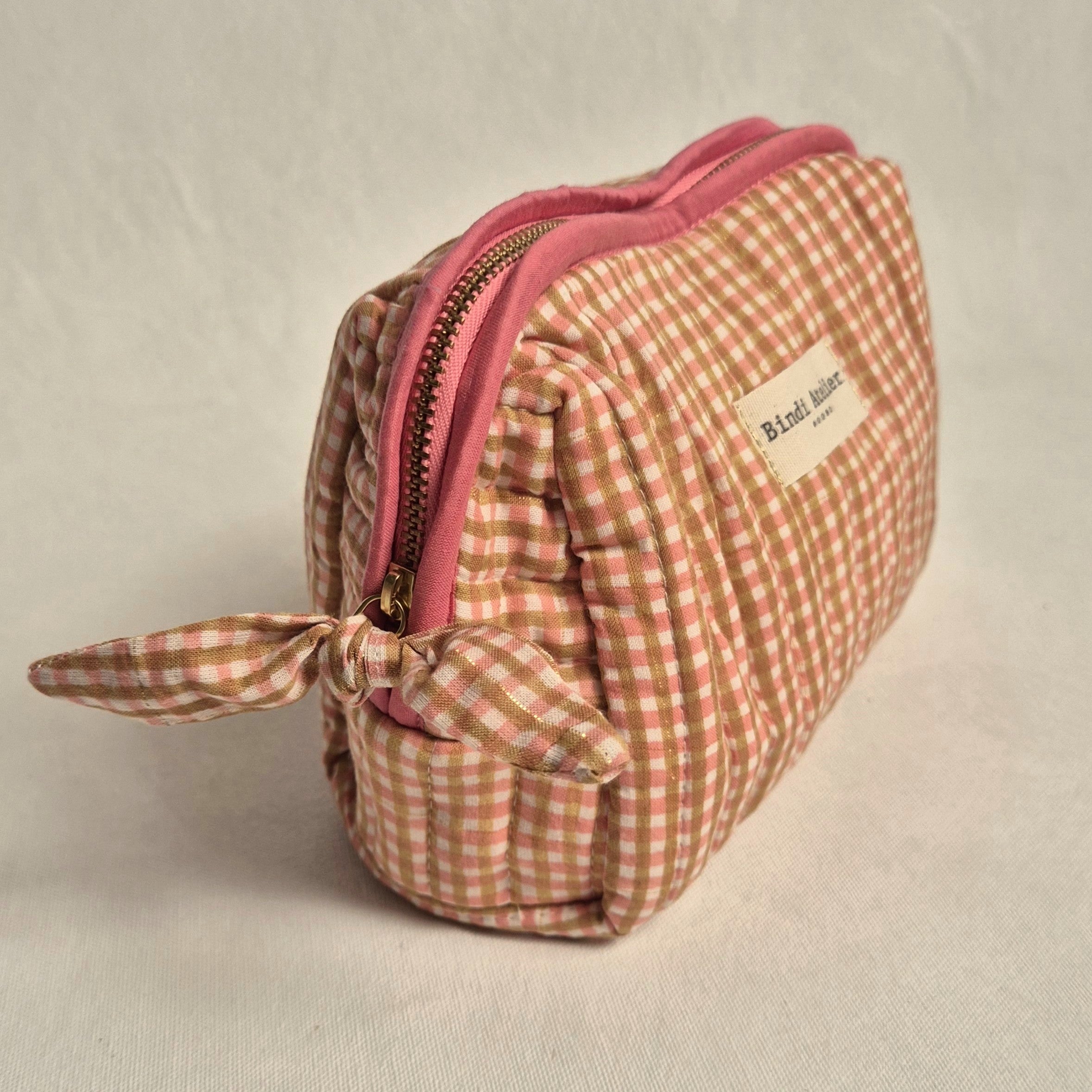Caramel French gingham print makeup bag