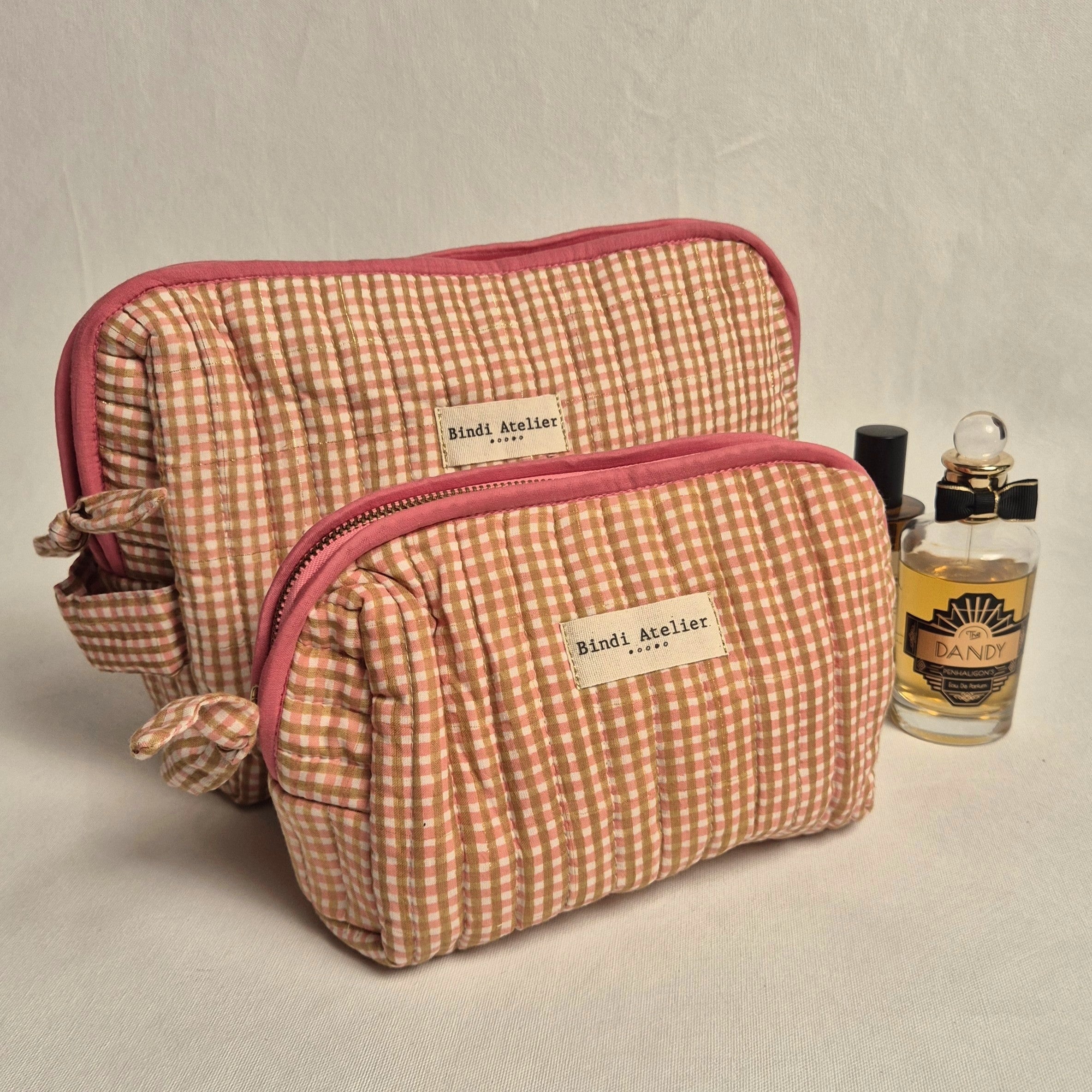 Caramel French gingham print toiletry bag