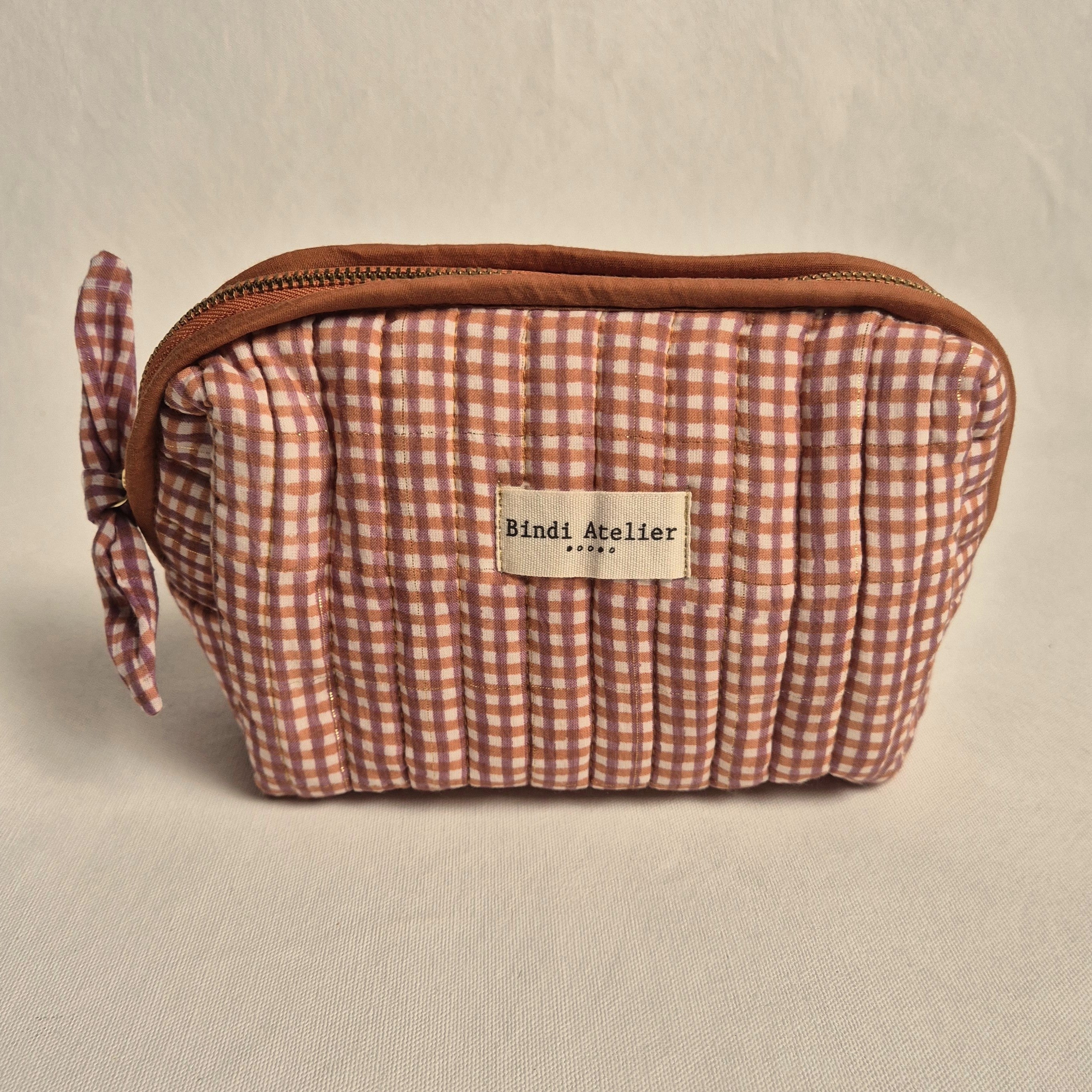 pink and caramel French gingham print makeup bag