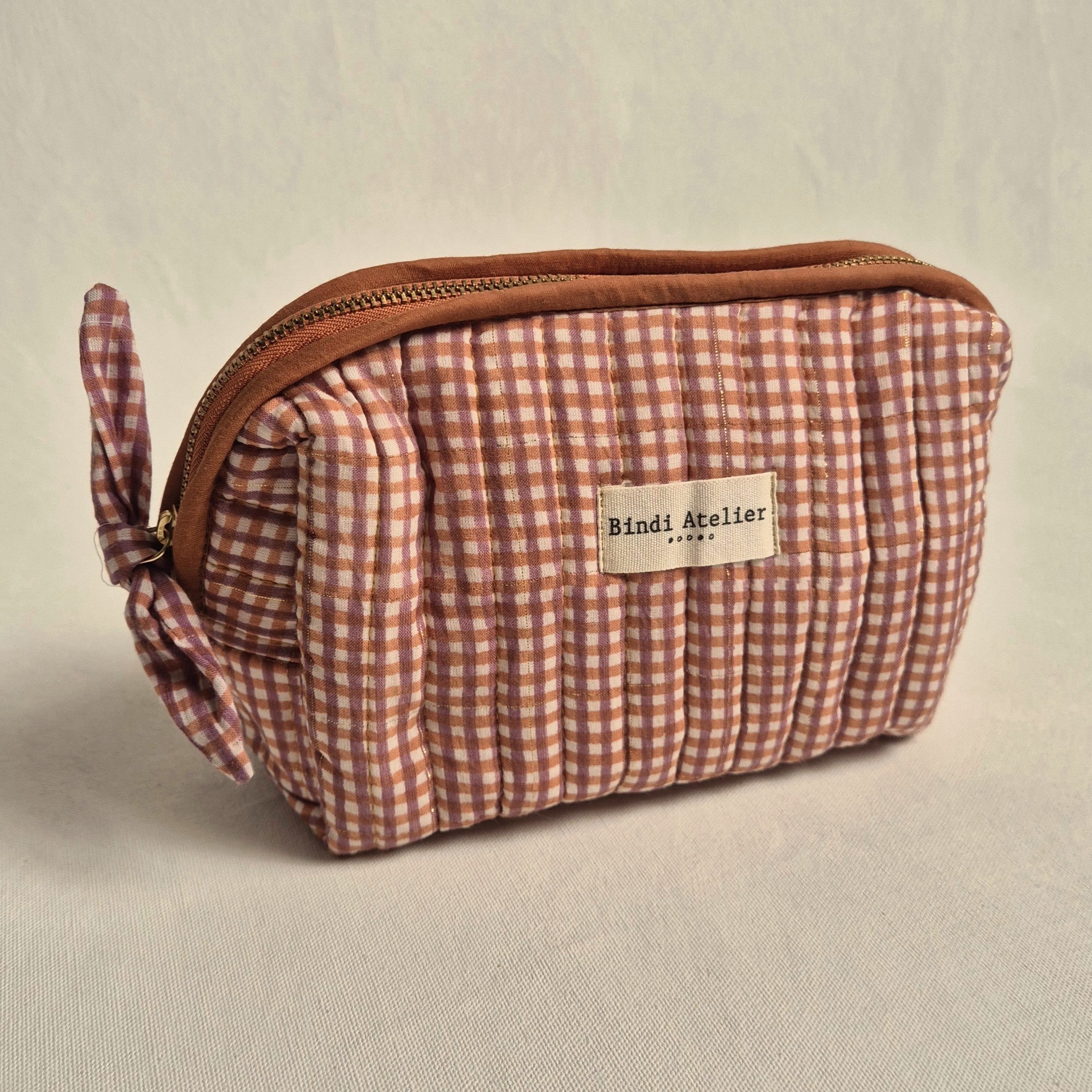 pink and caramel French gingham print makeup bag