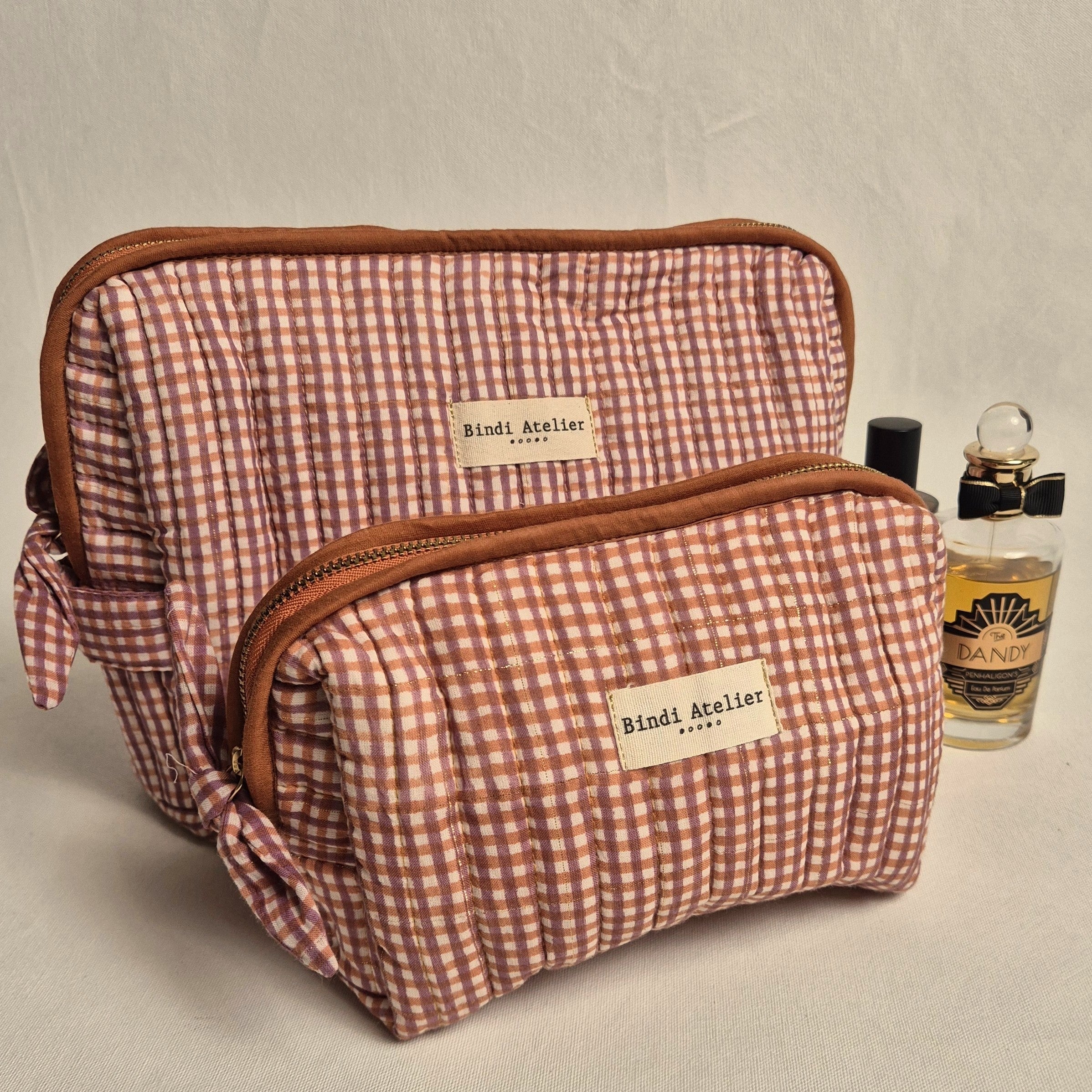 pink and caramel French gingham print toiletry bag