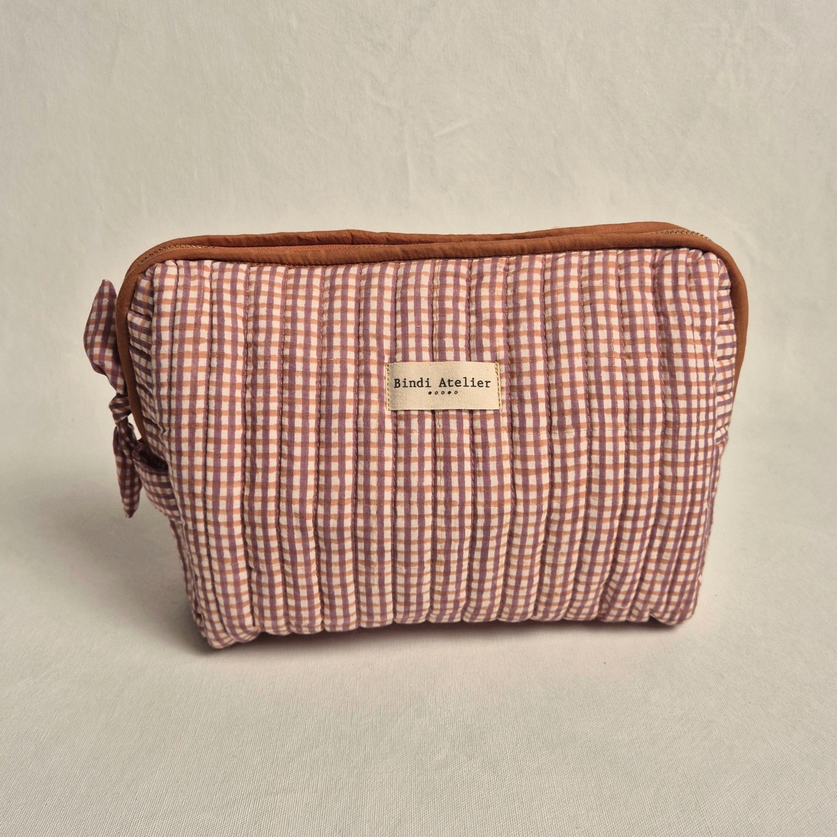 pink and caramel French gingham print toiletry bag