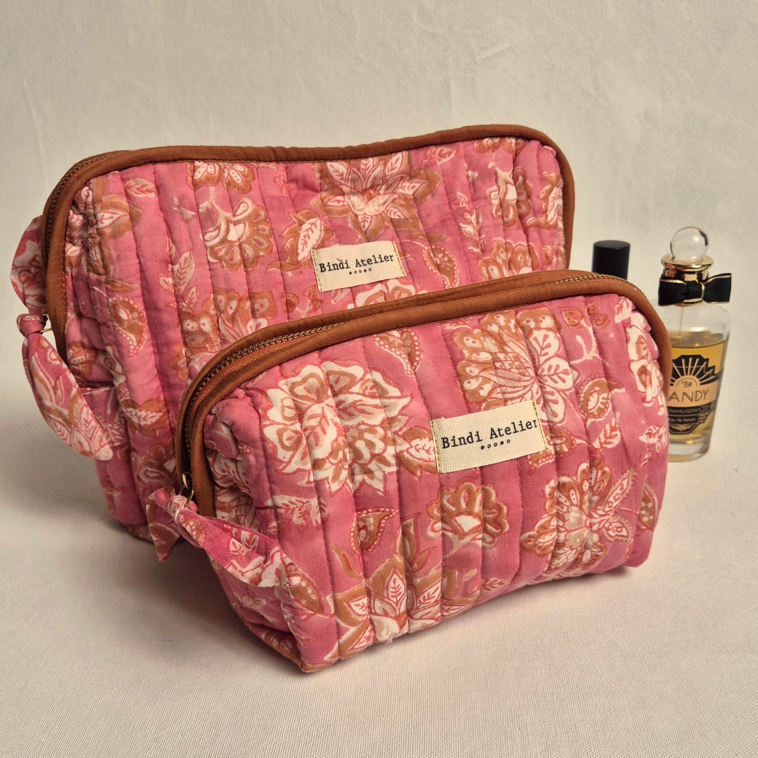 Pink floral block printed French toiletry bag