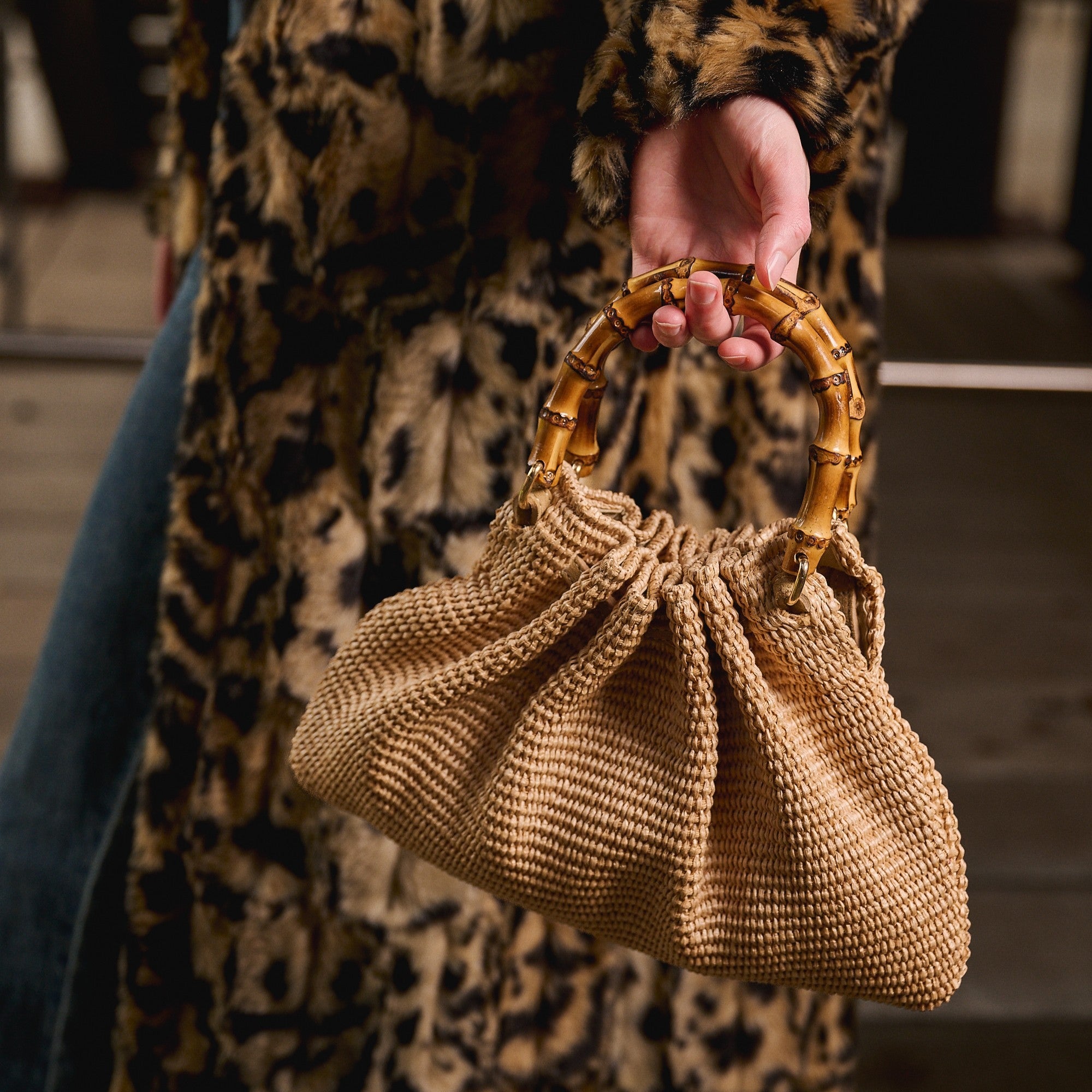 Iris Woven Bag with Bamboo Handle