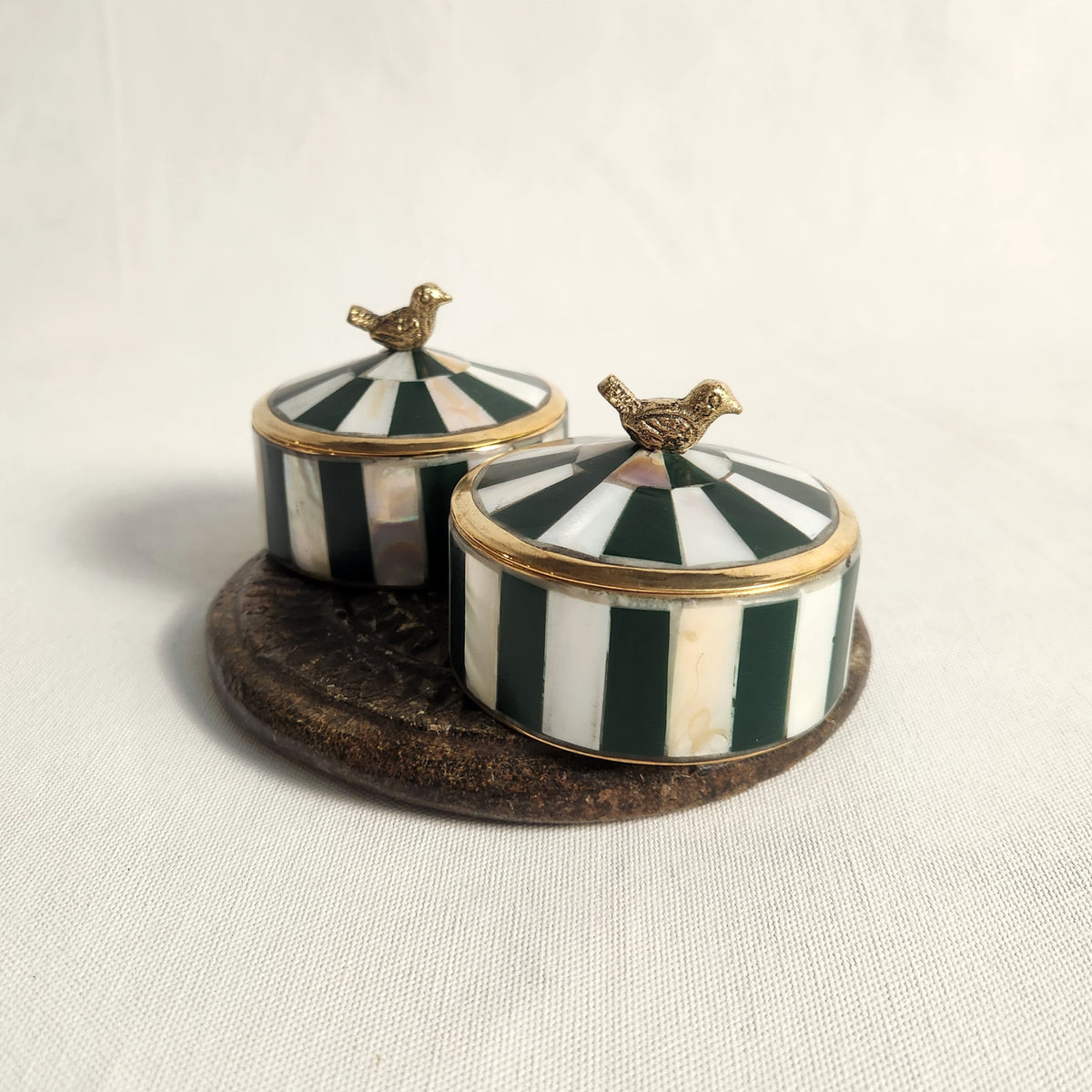 Green striped small brass boxes