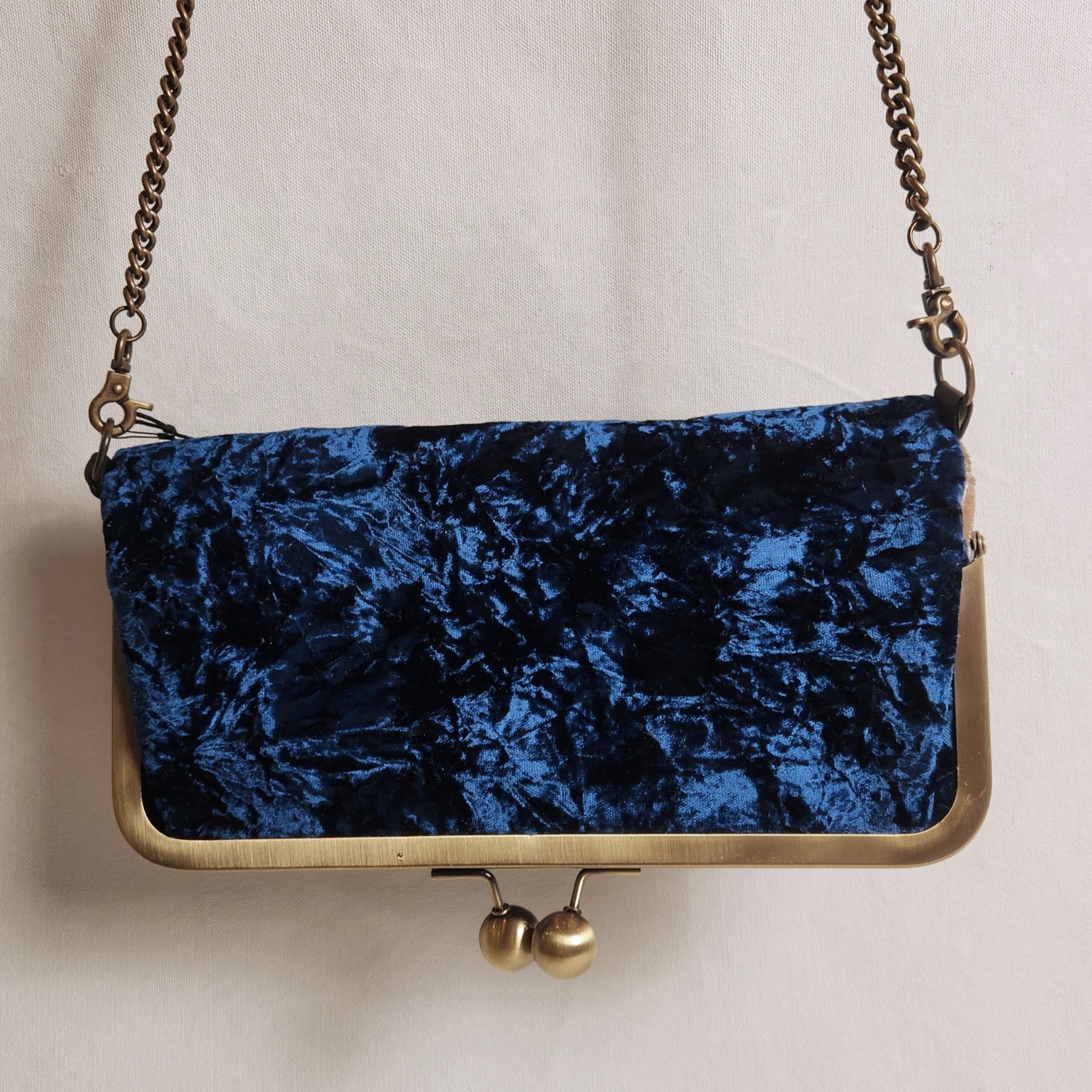 Nora Crossbody /Clutch Bag - Crushed Sapphire Blue velvet and Champagne