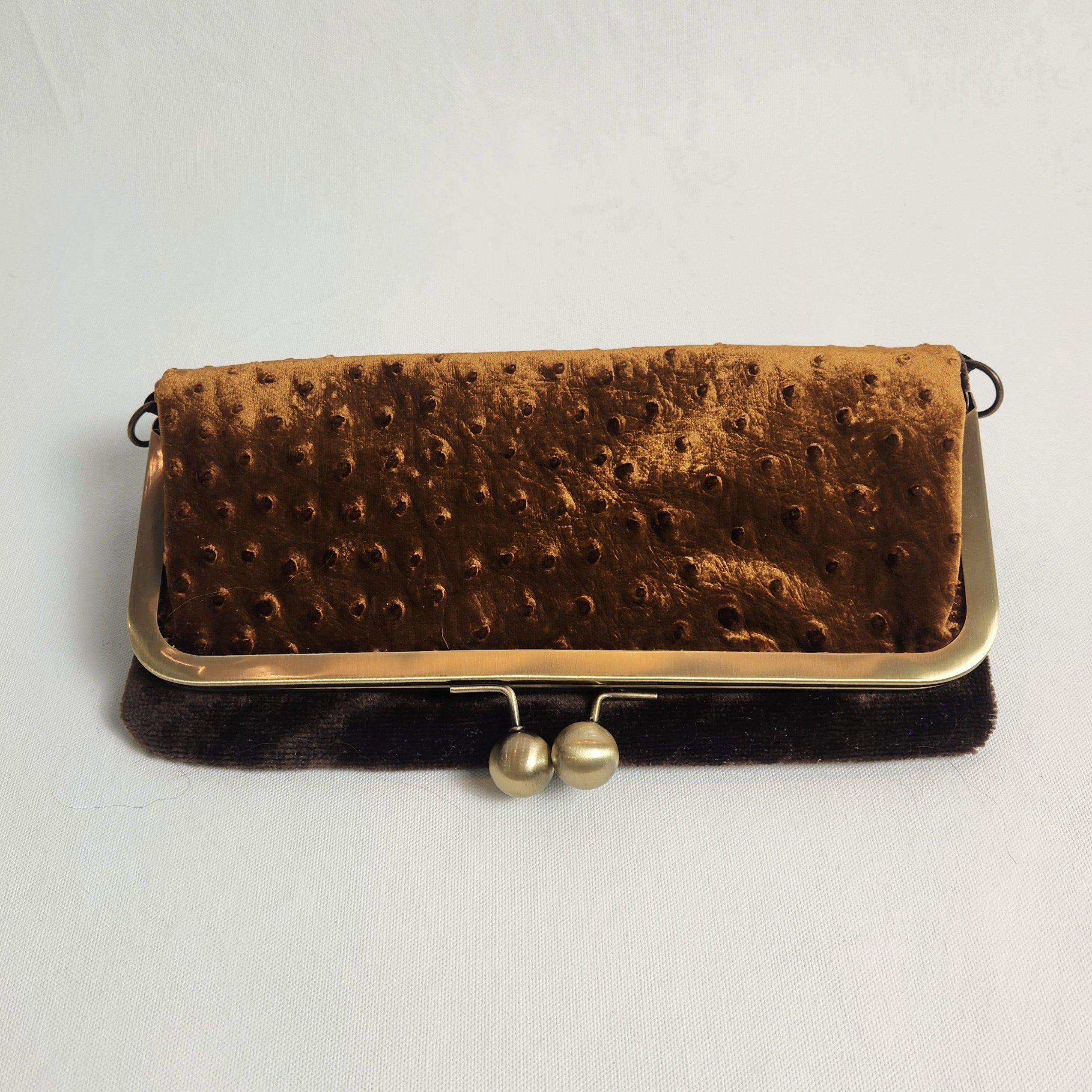Nora Crossbody /Clutch Bag - Toffee Ostrich Velvet and Chocolate.