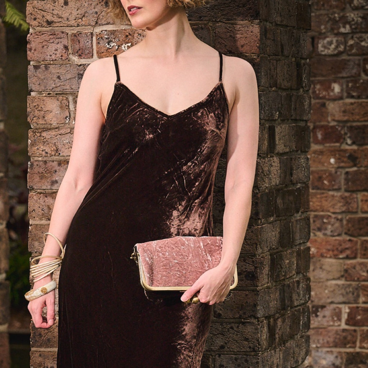 Nora Crossbody /Clutch Bag - Crushed Cinnamon Pink Velvet and Chocolate