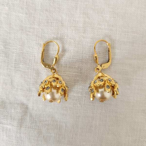 Ines - Classic Pearl, Crystal and Gold earrings