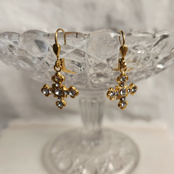 Josephine -  Crystal Cross Gold Earrings