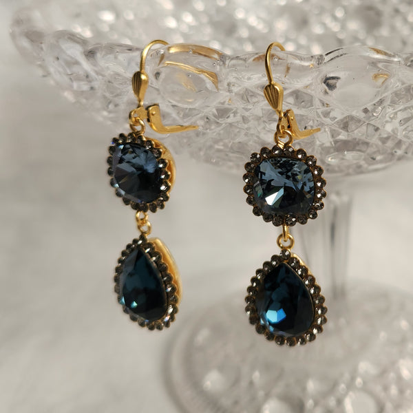 Sophia - Double Drop Deep Blue Gold Earrings