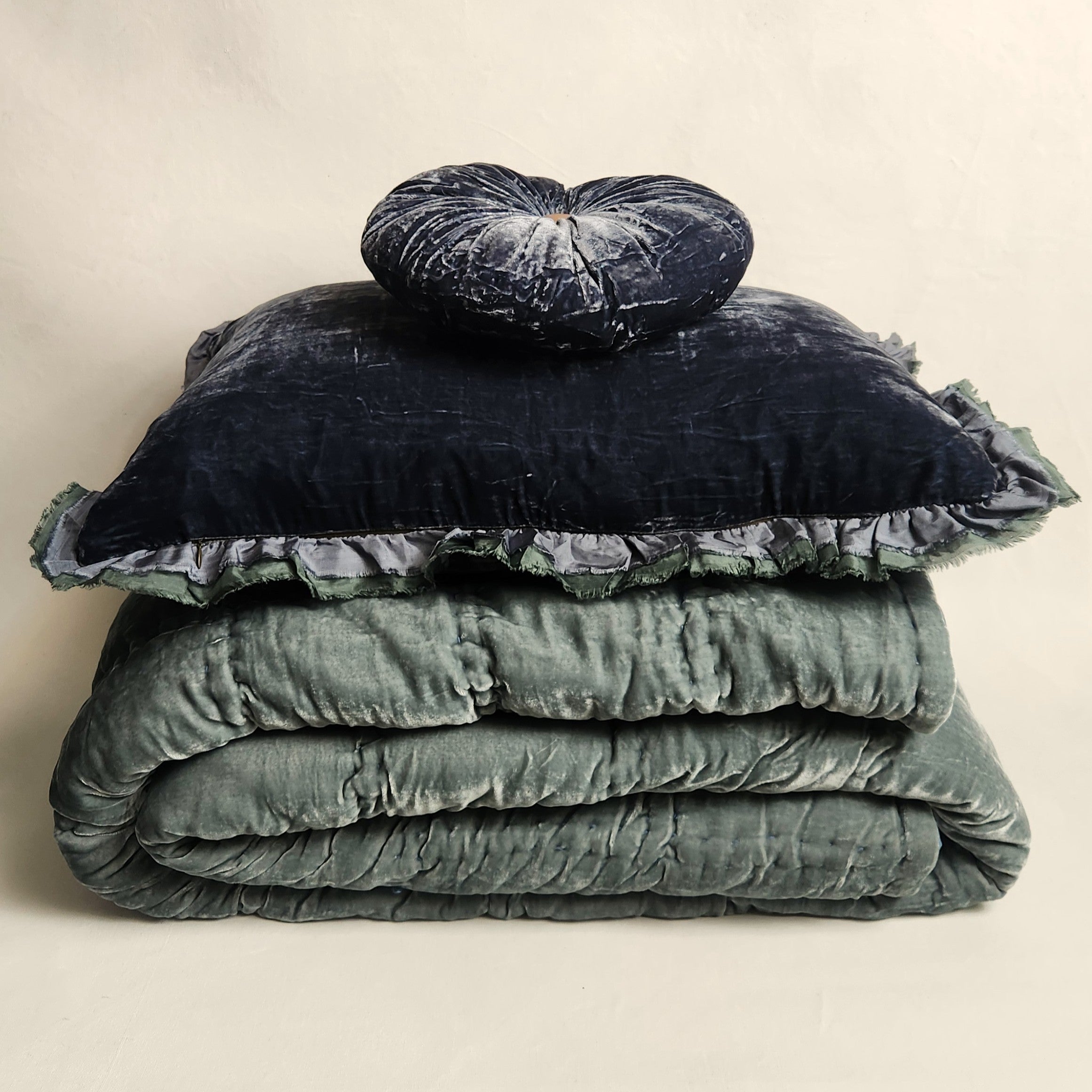 Green- grey silk velvet King size Quilt
