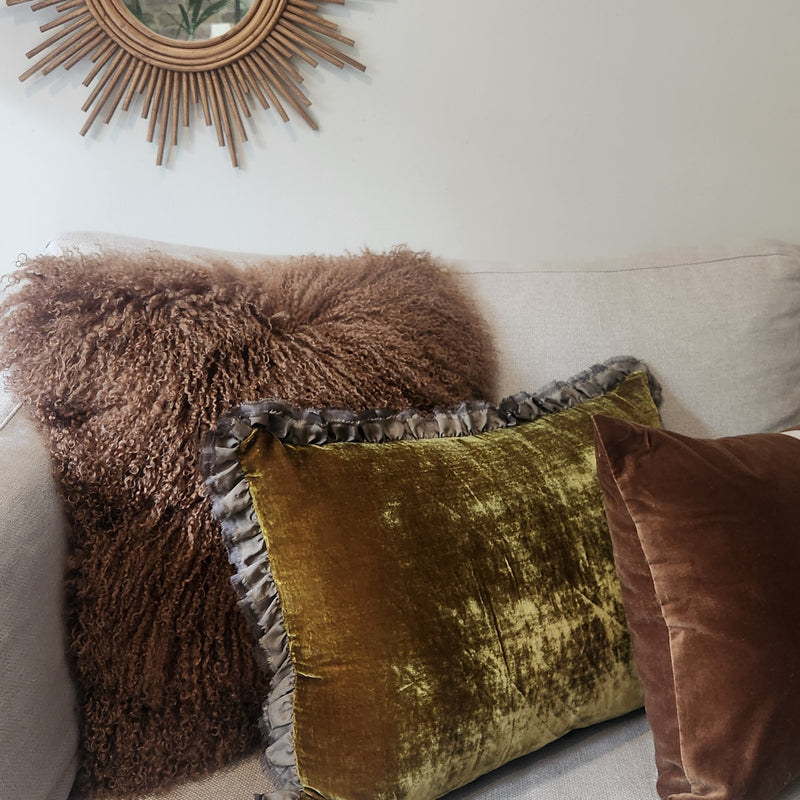 Seraphine Cushion with Silk Ruffle - Owaka Brown