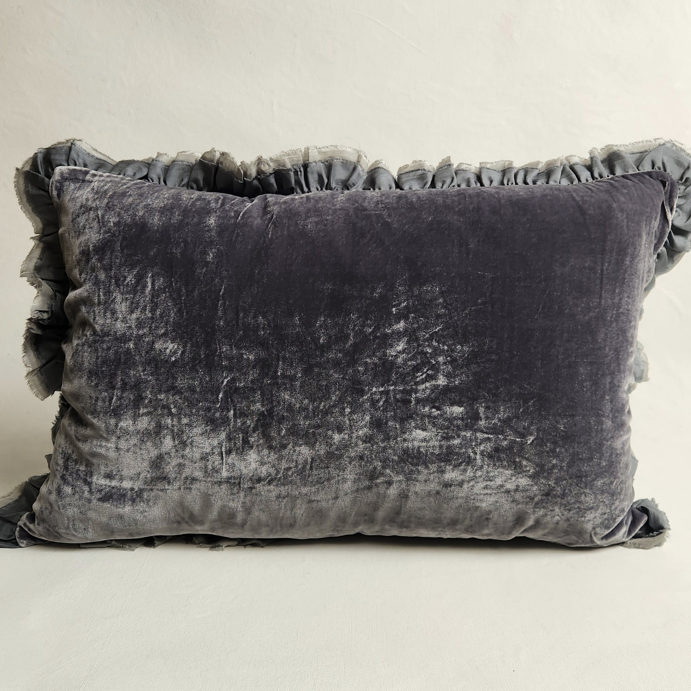 Smoky blue silk velvet rectangular cushion with raw silk ruffle